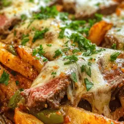 Philly Steak Cheese Fries are the ultimate indulgence, merging the beloved flavors of a classic Philly cheesesteak with the crispy delight of golden fries. This dish is a true crowd-pleaser, perfect for gatherings, game days, or simply as a hearty comforting meal at home. Imagine biting into a mound of hot, crispy fries topped with perfectly seasoned slices of flank steak, sautéed onions, and bell peppers, all smothered in creamy, melted cheese. The combination offers a satisfying crunch complemented by rich, savory flavors that excite the palate.