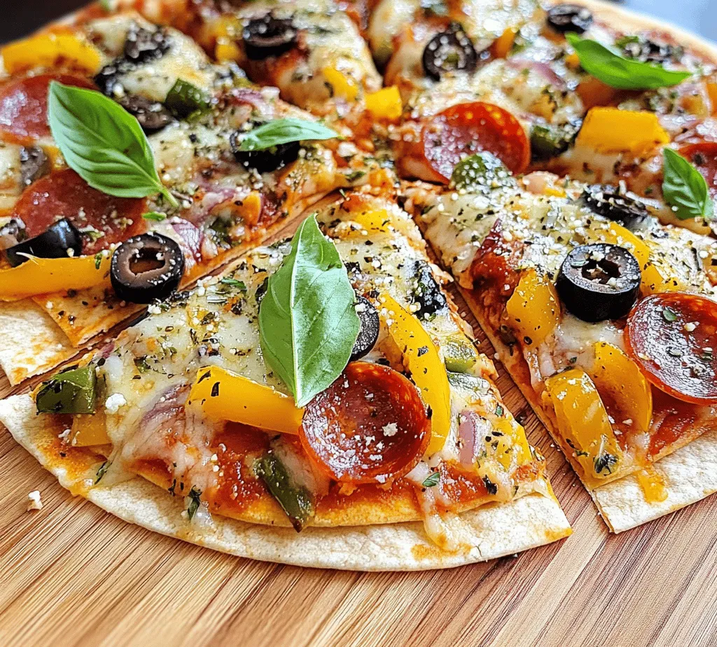 In recent years, the culinary world has seen a surge in creative pizza recipes that break away from traditional norms. Home cooks and food enthusiasts alike are seeking out ways to reinvent this beloved dish, leading to exciting and innovative variations that suit a variety of tastes and dietary preferences. One such delightful twist is the <strong>Tortilla Shell Pizza Extravaganza</strong>, a recipe that combines the classic flavors of pizza with the convenience and versatility of a flour tortilla.” /></p>
</p>
<h3>Preheating the Oven</h3>
</p>
<p>Preheating the oven is a crucial step in achieving the perfect Tortilla Shell Pizza. The right temperature ensures the pizza cooks evenly, resulting in crispy edges and a deliciously melted topping. Aim to preheat your oven to 425°F (220°C). This high heat creates a quick burst of energy that will crisp up the tortillas while allowing the cheese to melt beautifully without overcooking the toppings. Don’t skip this step; a properly preheated oven is the key to achieving that restaurant-quality crisp.</p>
</p>
<h3>Preparing the Tortillas</h3>
</p>
<p>When it comes to preparing the tortillas for your pizza, there are a few tips to ensure optimal results. Start with choosing high-quality tortillas, as they serve as the foundation for your pizza. Corn tortillas provide a gluten-free option with a distinct flavor, while flour tortillas lend themselves to a softer, chewier texture.</p>
</p>
<p>Once you’ve selected your tortillas, brush each side lightly with olive oil. This not only enhances the flavor but also helps create a golden, crispy crust. If you want an extra layer of flavor, you can sprinkle the oiled tortillas with a pinch of garlic powder or Italian herbs before baking. Make sure not to drown them in oil; a light coating is sufficient to achieve the desired crispiness.</p>
</p>
<h3>Layering the Ingredients</h3>
</p>
<p>Layering is an art when it comes to Tortilla Shell Pizza. To achieve a balance of flavors and textures, start with a base layer of pizza sauce spread evenly across the oiled tortillas. Use just enough sauce to cover the surface without making it soggy.</p>
</p>
<p>Next, sprinkle a generous amount of shredded cheese over the sauce. This will act as a glue for the toppings, ensuring everything stays in place during baking. For a classic flavor, mozzarella cheese is recommended, but feel free to mix in other varieties like cheddar, provolone, or pepper jack for an extra kick.</p>
</p>
<p>When it comes to toppings, think about balance. Aim for a mix of vegetables, meats, and herbs that complement each other. Spread your chosen toppings evenly across the cheese layer; this could include pepperoni, bell peppers, olives, onions, or any of your favorites. For added depth of flavor, consider adding fresh herbs like basil or oregano just before serving.</p>
</p>
<h3>Baking Process</h3>
</p>
<p>Once your Tortilla Shell Pizza is assembled, it’s time to bake! Place the pizzas directly on the oven rack or on a baking sheet for easier handling. Bake in the preheated oven for about 10-12 minutes, but keep an eye on them as ovens can vary. You’re looking for a bubbly cheese topping and slightly browned, crispy edges. If the edges start to darken too quickly, you can rotate the pizzas to ensure even cooking.</p>
</p>
<p>To check for doneness, gently lift the edge of the pizza with a spatula; it should be golden brown and firm to the touch. If you prefer your cheese extra bubbly and golden, you can broil the pizzas for an additional minute at the end of the baking time, but be sure to watch closely to avoid burning.</p>
</p>
<h3>Serving Suggestions</h3>
</p>
<p>Presentation is key when serving your Tortilla Shell Pizza. For an appealing dish, consider slicing the pizzas into wedges for easy sharing. Arrange them on a vibrant platter, garnished with fresh herbs like parsley or basil to add a pop of color. Serve alongside a small bowl of marinara or ranch dressing for dipping, adding an interactive element to the meal.</p>
</p>
<p>For added flair, consider pairing your pizza with a fresh salad. A simple arugula and cherry tomato salad tossed with a light vinaigrette complements the richness of the pizza perfectly. You can also offer a side of garlic breadsticks or a selection of dipping sauces to elevate the dining experience.</p>
</p>
<h3>Nutritional Information</h3>
</p>
<p>When it comes to enjoying Tortilla Shell Pizza, it’s nice to know what you’re consuming. Here’s an analysis of the nutritional value per serving, assuming a traditional version with cheese, sauce, and pepperoni:</p>
</p>
<p>– <strong>Calories</strong>: Approximately 300-400 calories</p>
<p>– <strong>Total Fat</strong>: 15-20 grams</p>
<p>– <strong>Saturated Fat</strong>: 5-8 grams</p>
<p>– <strong>Carbohydrates</strong>: 30-40 grams</p>
<p>– <strong>Protein</strong>: 10-15 grams</p>
</p>
<p>To make the dish healthier, consider using whole grain tortillas, which can increase fiber content significantly. You can substitute low-fat cheese or even nutritional yeast for a dairy-free option. Additionally, piling on more vegetables can boost the nutrient profile while keeping the calorie count lower.</p>
</p>
<h3>Creative Variations and Customizations</h3>
</p>
<p>One of the best aspects of Tortilla Shell Pizza is its versatility. Feel free to experiment with different toppings and flavor profiles:</p>
</p>
<p>– <strong>Vegetarian Options</strong>: Consider using spinach, mushrooms, or artichokes for a delicious vegetarian twist. Add feta cheese for a Mediterranean flair.</p>
</p>
<p>– <strong>Vegan Modifications</strong>: Use dairy-free cheese alternatives and load up on plant-based toppings like zucchini, bell peppers, and olives for a satisfying vegan meal.</p>
</p>
<p>– <strong>Gluten-Free Alternatives</strong>: If you’re avoiding gluten, corn tortillas work wonderfully, or you can find gluten-free pizza bases available in stores.</p>
</p>
<p>– <strong>Flavor Profile Variations</strong>: Get creative with flavors. Try a spicy version with jalapeños and pepper jack cheese or a barbecue style with pulled chicken, red onions, and BBQ sauce instead of tomato sauce.</p>
</p>
<h3>Perfect Pairings</h3>
</p>
<p>To elevate your Tortilla Shell Pizza experience, consider these perfect pairings. For side dishes, fresh salads or roasted vegetables work well, providing a crisp contrast to the warm pizza. Additionally, garlic knots or cheesy breadsticks make a delightful side.</p>
</p>
<p>When it comes to beverages, sodas and craft beers are popular choices. A light lager or an IPA can complement the richness of the cheese and toppings. If you prefer wine, a crisp white like Sauvignon Blanc or a light red like Pinot Noir would pair beautifully, enhancing the overall dining experience.</p>
</p>
<h3>Conclusion</h3>
</p>
<p>In summary, Tortilla Shell Pizza is a delightful blend of simplicity and versatility, making it a perfect meal for casual gatherings or family dinners. The ease of preparation allows you to get creative with toppings, ensuring that everyone can enjoy their favorite flavors.</p>
</p>
<p>Encourage your friends and family to experiment with their own toppings and flavor combinations, making each pizza unique. Whether you’re enjoying a quick weeknight dinner or serving guests at a gathering, Tortilla Shell Pizza is sure to be a hit. So gather your ingredients, preheat that oven, and get ready to enjoy a fun and delicious meal that brings people together.</p>
</div>