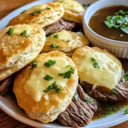 French Dip Biscuits are a delectable fusion of two classic comfort foods that bring together the flaky, satisfying texture of biscuits with the rich, savory flavors of roast beef and a warm dipping broth. This dish takes the beloved concept of the French Dip sandwich and transforms it into a biscuit-based delight, appealing to both biscuit lovers and fans of hearty sandwiches alike. Whether you are enjoying a cozy family dinner or hosting a casual gathering with friends, French Dip Biscuits are an ideal dish that promises to impress and satisfy.