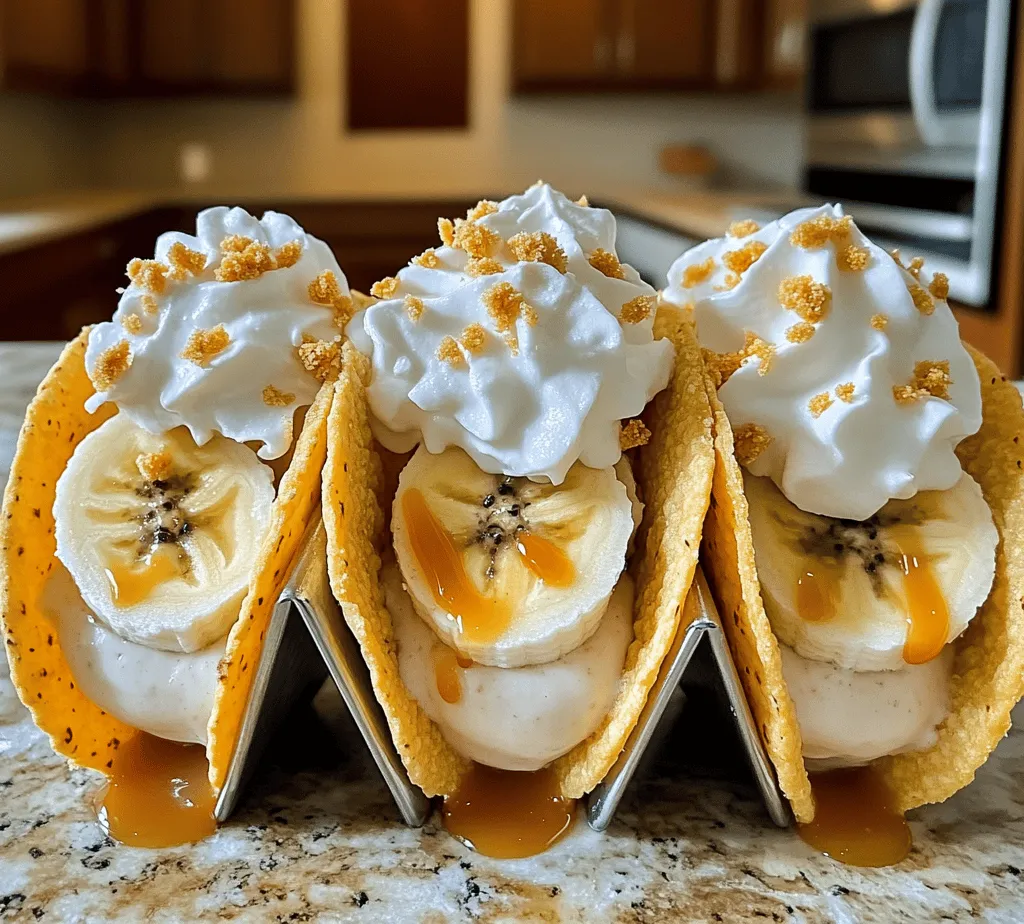 In the world of desserts, innovation often leads to the most delightful surprises. One such enchanting creation is the <strong>Banana Pudding Tacos</strong>—a playful and imaginative take on the classic banana pudding. This unique dessert combines the beloved flavors of bananas and vanilla pudding in a fun taco format, offering a refreshing twist that appeals to both the young and the young-at-heart. Perfect for a variety of occasions, from casual family gatherings to festive celebrations, Banana Pudding Tacos are a versatile treat that can brighten up any event.” /></p>
</p>
<h3>Soft vs. Crispy Taco Shells</h3>
</p>
<p>When it comes to crafting your Banana Pudding Tacos, choosing the right taco shell can significantly influence both the taste and presentation of your dish. There are two primary options: soft taco shells and crispy taco shells, each offering distinct advantages and disadvantages.</p>
</p>
<p><strong>Soft Taco Shells</strong></p>
</p>
<p>Soft taco shells are typically made from flour or corn tortillas. They are pliable, making them easy to fill and fold without cracking. This type of shell offers a tender bite that complements the creamy pudding and fresh bananas.</p>
</p>
<p><strong>Pros:</strong></p>
<p>– Easy to fill without breaking.</p>
<p>– Soft texture pairs well with the pudding and bananas.</p>
<p>– Offers a more traditional taco experience.</p>
</p>
<p><strong>Cons:</strong></p>
<p>– Can become soggy if filled too far in advance.</p>
<p>– May require warming before serving to enhance flavor.</p>
</p>
<p><strong>Crispy Taco Shells</strong></p>
</p>
<p>In contrast, crispy taco shells are deep-fried or baked until they reach a crunchy texture. They provide a delightful contrast to the creamy filling and soft banana slices.</p>
</p>
<p><strong>Pros:</strong></p>
<p>– Adds a satisfying crunch that enhances the textural experience.</p>
<p>– Holds up well against moisture from the pudding and bananas.</p>
<p>– Visually appealing with their golden-brown color.</p>
</p>
<p><strong>Cons:</strong></p>
<p>– Can be harder to fill, as they may crack if overstuffed.</p>
<p>– The crunch may overpower the delicate flavors of the pudding.</p>
</p>
<p>Ultimately, the choice between soft and crispy taco shells depends on personal preference. For a more traditional take with a comforting feel, opt for soft shells; for a crunchy texture that adds a bit of flair, crispy shells are the way to go.</p>
</p>
<h3>Warming Instructions</h3>
</p>
<p>If you opt for soft taco shells, warming them properly is essential for the best flavor and texture. Here are step-by-step instructions for warming your taco shells:</p>
</p>
<p>1. <strong>Preheat the Oven</strong>: Set your oven to 350°F (175°C).</p>
<p>2. <strong>Wrap the Shells</strong>: Stack your soft taco shells in a stack of 5-6 and wrap them in aluminum foil. This helps to keep the moisture in and prevents them from drying out.</p>
<p>3. <strong>Warm in the Oven</strong>: Place the wrapped shells in the oven for about 10-15 minutes. This will ensure they are warm and pliable.</p>
<p>4. <strong>Check for Warmth</strong>: After 10 minutes, carefully unwrap one shell to see if it’s warmed through. If not, wrap it back up and check every 2 minutes until ready.</p>
<p>5. <strong>Remove and Serve</strong>: Once warmed, remove the shells from the oven and let them cool slightly before assembling your tacos.</p>
</p>
<p>For crispy shells, you can bake them directly in the oven for about 5-7 minutes until they are golden and crunchy, or simply use pre-made crispy shells from the store.</p>
</p>
<h3>Assembling the Banana Pudding Tacos</h3>
</p>
<p>Now that your taco shells are ready, it’s time to assemble your Banana Pudding Tacos! This process is straightforward and allows for creativity in presentation.</p>
</p>
<h4>Filling the Taco Shells</h4>
</p>
<p>Begin by spooning the vanilla pudding into each taco shell.</p>
</p>
<p>1. <strong>Spoon Technique</strong>: Use a tablespoon or a piping bag fitted with a round tip for more controlled filling. Gently fill each shell with about 2-3 tablespoons of vanilla pudding, ensuring not to overfill, as you’ll be adding bananas and whipped cream shortly after.</p>
</p>
<h4>Layering Bananas</h4>
</p>
<p>Next, it’s time to add the banana slices.</p>
</p>
<p>1. <strong>Slicing the Bananas</strong>: Slice ripe bananas into thin rounds, about 1/4 inch thick. This thickness allows for easy layering without overpowering the pudding.</p>
<p>2. <strong>Arranging the Slices</strong>: Carefully place 2-3 banana slices on top of the pudding in each taco. For a beautiful presentation, fan out the banana slices slightly or layer them in a single row.</p>
</p>
<h4>Adding Whipped Cream</h4>
</p>
<p>To elevate the sweetness and visual appeal, it’s time to add the whipped cream.</p>
</p>
<p>1. <strong>Whipped Cream Options</strong>: You can either spoon the whipped cream over the bananas or use a piping bag to create decorative swirls. If using a piping bag, opt for a star tip for a beautiful finish.</p>
<p>2. <strong>Distribution</strong>: Aim for about 1-2 tablespoons of whipped cream per taco, ensuring each taco gets a generous dollop.</p>
</p>
<h4>Sprinkling Crushed Vanilla Wafers</h4>
</p>
<p>Next, take those crunchy vanilla wafers and sprinkle them on top.</p>
</p>
<p>1. <strong>Crushing the Wafers</strong>: Place a handful of vanilla wafers in a zip-top bag and crush them using a rolling pin or your hands, until they become coarse crumbs.</p>
<p>2. <strong>Even Distribution</strong>: Sprinkle the crushed wafers over the whipped cream to add a delightful crunch and an element of texture to your tacos.</p>
</p>
<h4>Optional Drizzle</h4>
</p>
<p>For an added touch of elegance and flavor, consider drizzling caramel sauce and a sprinkle of cinnamon.</p>
</p>
<p>1. <strong>Drizzling Caramel Sauce</strong>: Use a spoon to drizzle caramel sauce over the top of each taco. If you’re feeling adventurous, melt the caramel slightly for a more fluid consistency.</p>
<p>2. <strong>Sprinkling Cinnamon</strong>: A light dusting of cinnamon can enhance the flavors and add an aromatic quality to the dish. Use a small sieve to evenly sprinkle the cinnamon over the tacos.</p>
</p>
<h3>Serving Suggestions</h3>
</p>
<p>Presenting your Banana Pudding Tacos in a visually appealing manner will enhance the overall dining experience.</p>
</p>
<h4>Presentation Ideas</h4>
</p>
<p>– <strong>Plate Arrangement</strong>: Serve the tacos on a colorful platter or individual dessert plates. Arrange them in a fan shape or stacked for a stunning visual display.</p>
<p>– <strong>Garnishes</strong>: Add fresh mint leaves or edible flowers for a pop of color and a touch of sophistication.</p>
</p>
<h4>Pairing Suggestions</h4>
</p>
<p>To round out your dessert experience, consider pairing your Banana Pudding Tacos with complementary beverages or dishes.</p>
</p>
<p>– <strong>Beverage Pairing</strong>: A light and refreshing iced tea or a sweet dessert wine can balance the rich flavors of the pudding and bananas beautifully.</p>
<p>– <strong>Complementary Dishes</strong>: Serve alongside a light salad or a fruit medley to cleanse the palate between bites.</p>
</p>
<h3>Nutritional Information</h3>
</p>
<p>Banana Pudding Tacos can be a delightful treat, but they also come with nutritional considerations. Here’s a brief overview of the nutritional content per serving, based on a standard recipe:</p>
</p>
<p>– <strong>Calories</strong>: Approximately 300-350 calories (varies based on shell type and portion size).</p>
<p>– <strong>Fat</strong>: About 10-15 grams (depending on the whipped cream).</p>
<p>– <strong>Carbohydrates</strong>: Roughly 50-60 grams, mainly from the pudding, bananas, and vanilla wafers.</p>
<p>– <strong>Protein</strong>: Approximately 4-6 grams from the pudding and any added dairy.</p>
</p>
<p>For those with dietary considerations, you can easily modify this recipe. For instance, use low-fat or non-dairy pudding and whipped cream to create a lighter version. Gluten-free taco shells are also available for those with gluten sensitivities.</p>
</p>
<h3>Conclusion</h3>
</p>
<p>Banana Pudding Tacos are a delightful fusion of nostalgic flavors presented in a fun and modern way. This unique dessert not only brings a smile but offers a creative outlet for both novice and experienced cooks alike. The combination of creamy vanilla pudding, fresh bananas, and the crunch of vanilla wafers in a taco shell is a treat that’s perfect for various occasions, from casual family dinners to festive gatherings.</p>
</p>
<p>The joy in making Banana Pudding Tacos lies in their versatility—experiment with different toppings, fillings, and shell types to create your signature version. So gather your ingredients, follow the steps, and indulge in this whimsical dessert that’s sure to be a hit with everyone you serve it to. Whether you’re reminiscing about childhood desserts or presenting a new take on a classic, these tacos will surely delight all palates. Enjoy the process and the delicious results!</p>
</div>