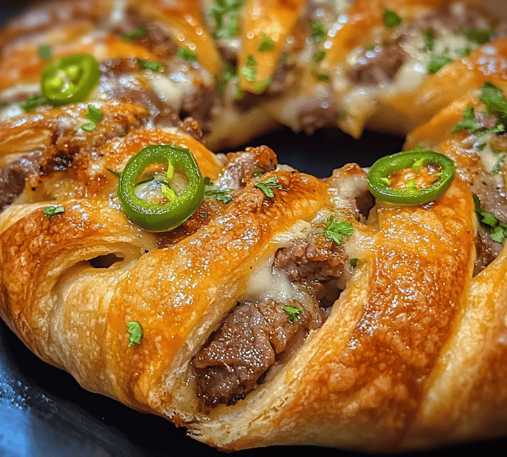 The Philly Cheesesteak Crescent Ring is an innovative take on the beloved classic cheesesteak sandwich, combining the rich flavors of traditional ingredients with the convenience and flakiness of crescent roll dough. This dish not only provides a delightful presentation but also offers a burst of flavor in every bite. Whether you are hosting a casual gathering, throwing a party, or simply looking for a fun and comforting meal for your family, this recipe is versatile enough to please any crowd.