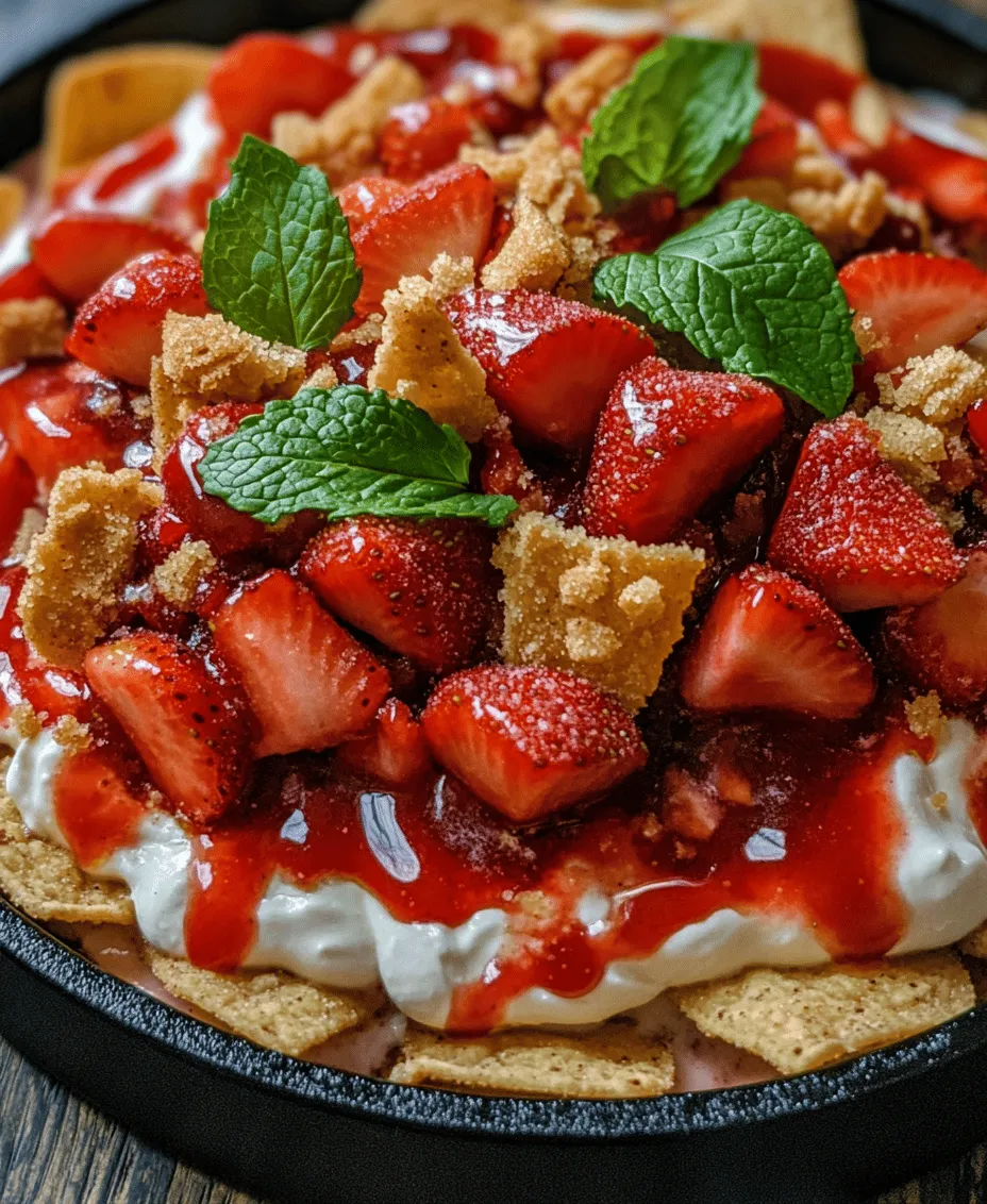 Strawberry Cheesecake Nachos are a creative and indulgent dessert that brings together two beloved favorites: the creamy, rich flavors of classic cheesecake and the fun, shareable nature of nachos. This innovative twist on dessert is not only visually appealing but also incredibly simple to prepare, making it the perfect choice for gatherings, parties, or even a cozy night in with family or friends. Imagine a platter overflowing with crispy cinnamon sugar tortilla chips, a velvety cheesecake dip, fresh strawberries, and a drizzle of strawberry sauce—all invitingly arranged for everyone to enjoy.