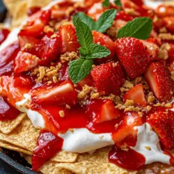 Strawberry Cheesecake Nachos are a creative and indulgent dessert that brings together two beloved favorites: the creamy, rich flavors of classic cheesecake and the fun, shareable nature of nachos. This innovative twist on dessert is not only visually appealing but also incredibly simple to prepare, making it the perfect choice for gatherings, parties, or even a cozy night in with family or friends. Imagine a platter overflowing with crispy cinnamon sugar tortilla chips, a velvety cheesecake dip, fresh strawberries, and a drizzle of strawberry sauce—all invitingly arranged for everyone to enjoy.