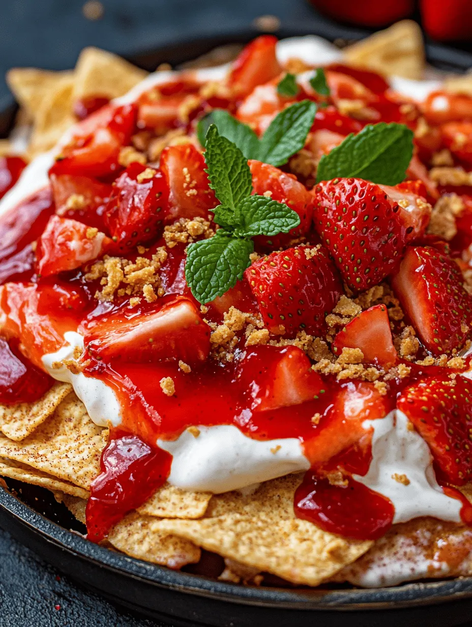 Strawberry Cheesecake Nachos are a creative and indulgent dessert that brings together two beloved favorites: the creamy, rich flavors of classic cheesecake and the fun, shareable nature of nachos. This innovative twist on dessert is not only visually appealing but also incredibly simple to prepare, making it the perfect choice for gatherings, parties, or even a cozy night in with family or friends. Imagine a platter overflowing with crispy cinnamon sugar tortilla chips, a velvety cheesecake dip, fresh strawberries, and a drizzle of strawberry sauce—all invitingly arranged for everyone to enjoy.