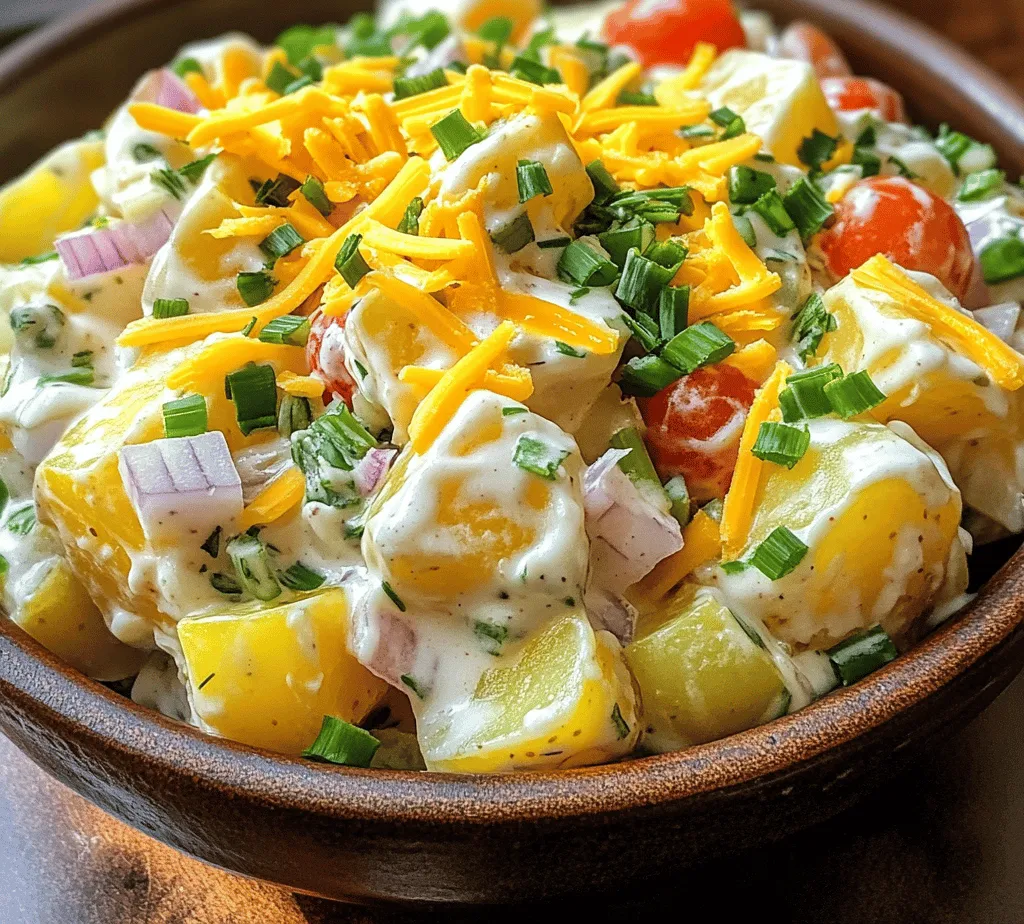 In the delightful world of culinary favorites, creamy potato salads hold a special place, particularly during family gatherings, picnics, and barbecues. Their rich, comforting flavors and creamy textures make them a staple side dish that complements a variety of meals. Among the many variations, <strong>Ranch Lovers’ Creamy Potato Salad</strong> stands out with its unique twist on a classic. This recipe brings together the beloved elements of traditional potato salad while incorporating the zesty and herbaceous notes of ranch dressing, creating a dish that is both familiar and refreshingly different.” /></p>
</p>
<h3>Combining Ingredients</h3>
</p>
<p>Once your potatoes are cooked to tender perfection, it’s time to bring your Ranch Lovers’ Creamy Potato Salad to life. Start by transferring the cooled potatoes into a large mixing bowl. The key to a great potato salad lies in evenly distributing the dressing and ingredients, which ensures that every bite is bursting with flavor.</p>
</p>
<p>Begin by adding the chopped celery, diced red onion, and halved cherry tomatoes to the potatoes. These vegetables not only add crunch but also provide a fresh contrast to the creamy dressing. In a separate bowl, prepare the dressing by combining the sour cream, mayonnaise, and ranch seasoning mix. Whisk these ingredients together until smooth and well-blended. Pour the dressing over the potato and vegetable mixture, then gently fold everything together using a spatula. Take care not to mash the potatoes; you want to maintain their structure while ensuring every piece is coated with the delicious dressing.</p>
</p>
<h3>Incorporating Cheese and Chives</h3>
</p>
<p>The addition of cheese and chives to your potato salad elevates its flavor profile, making it even more irresistible. Once the potatoes and vegetables are mixed with the dressing, sprinkle in the shredded cheese—cheddar or a blend of your favorites work beautifully here. The cheese will melt slightly into the warm potatoes, creating a delightful creaminess.</p>
</p>
<p>Next, chop a generous handful of fresh chives and add them to the salad. Chives bring a mild onion flavor that complements the richness of the dressing and cheese. Stir gently to incorporate the cheese and chives throughout the salad, ensuring that every bite is flavorful. This step not only enhances the taste but also adds a pop of color to your dish.</p>
</p>
<h3>Chilling the Salad</h3>
</p>
<p>Chilling your Ranch Lovers’ Creamy Potato Salad is a crucial step that shouldn’t be overlooked. After mixing all the ingredients, cover the bowl with plastic wrap or transfer the salad to an airtight container. Refrigerate the salad for at least an hour before serving. This chilling period allows the flavors to meld beautifully, resulting in a more cohesive and delicious dish.</p>
</p>
<p>The coolness from the refrigerator also makes the salad refreshing, particularly on warm days or at summer gatherings. If you’re preparing it in advance, the potato salad can be stored in the refrigerator for up to three days, making it an excellent option for meal prep or potluck contributions.</p>
</p>
<h3>Serving Suggestions</h3>
</p>
<p>Ranch Lovers’ Creamy Potato Salad is the perfect side dish for various occasions, whether it’s a summer barbecue, a family picnic, or a festive potluck. Its creamy texture and vibrant flavors make it a crowd-pleaser that pairs well with a multitude of main dishes.</p>
</p>
<p>For a classic barbecue, serve the potato salad alongside grilled burgers and hot dogs. It also complements smoky ribs or barbecued chicken beautifully. If you’re hosting a picnic, consider pairing it with sandwiches or wraps filled with fresh vegetables and deli meats.</p>
</p>
<p>For a potluck, you can enhance your serving by presenting the potato salad in an attractive bowl, garnishing it with extra chives or a sprinkle of paprika for added color. This dish can also be served alongside garden salads or as part of a hearty buffet spread involving various side dishes like corn on the cob, baked beans, or coleslaw.</p>
</p>
<h3>Nutritional Benefits of the Ingredients</h3>
</p>
<p>Understanding the nutritional benefits of the ingredients in Ranch Lovers’ Creamy Potato Salad helps you appreciate its value beyond just being a tasty dish.</p>
</p>
<p>– <strong>Potatoes</strong>: As the main ingredient, potatoes are an excellent source of carbohydrates, providing energy for your body. They also contain essential vitamins like vitamin C and B6, as well as potassium, which can help regulate blood pressure.</p>
</p>
<p>– <strong>Dairy Components</strong>: The salad’s creamy base comes from sour cream and mayonnaise, which contribute calcium and protein. Calcium is vital for bone health, while protein plays a crucial role in muscle repair and growth. Cheese also adds flavor and nutrition, enhancing the overall health benefits of the salad.</p>
</p>
<p>– <strong>Vegetables</strong>: The addition of celery, red onion, and tomatoes introduces valuable fiber and vitamins. Fiber aids digestion and helps maintain a healthy weight, while tomatoes are rich in antioxidants, particularly lycopene, which is linked to numerous health benefits.</p>
</p>
<h3>Variations and Customizations</h3>
</p>
<p>One of the greatest aspects of Ranch Lovers’ Creamy Potato Salad is its versatility. You can easily customize this recipe to cater to different dietary preferences and flavor profiles.</p>
</p>
<p>– <strong>Healthier Alternatives</strong>: If you’re looking for a lighter version, consider using Greek yogurt instead of sour cream. This swap not only cuts down on calories but also boosts the protein content. Additionally, you can opt for reduced-fat mayonnaise to further lighten the dish without sacrificing creaminess.</p>
</p>
<p>– <strong>Add-Ins</strong>: To enhance the flavor and texture of your potato salad, consider adding ingredients like crispy bacon bits for a smoky crunch or hard-boiled eggs for extra richness and protein. Fresh herbs such as dill or parsley can also provide subtle flavor variations, while olives or pickles introduce a tangy bite that contrasts beautifully with the creamy dressing.</p>
</p>
<h3>Conclusion</h3>
</p>
<p>Ranch Lovers’ Creamy Potato Salad is more than just a side dish; it’s a celebration of flavors and textures that can elevate any meal. With its creamy base, vibrant vegetables, and delightful hints of ranch seasoning, this potato salad is sure to become a favorite at your gatherings.</p>
</p>
<p>Whether serving it at a summer barbecue, a picnic, or a cozy family dinner, this dish is a crowd-pleaser that will leave everyone asking for seconds. Embrace the versatility of this recipe by experimenting with variations and customizations that suit your taste and dietary needs. With its delightful taste and appealing presentation, Ranch Lovers’ Creamy Potato Salad is destined to bring joy to your table and create lasting memories with family and friends. So, gather your ingredients, follow the steps, and enjoy the deliciousness that awaits you.</p>
</div>