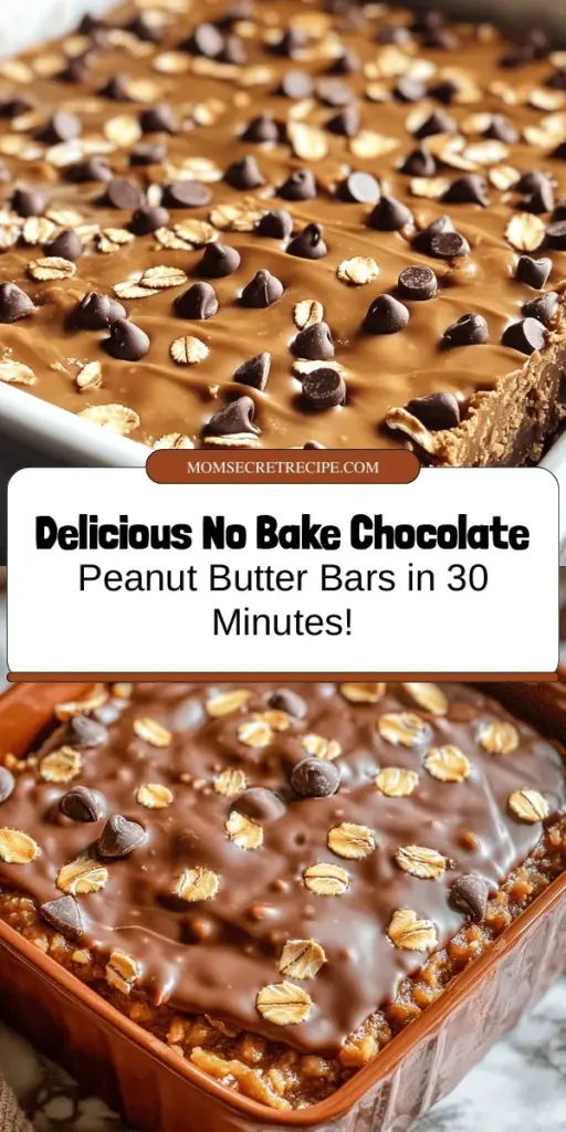 Satisfy your sweet tooth with these delicious No Bake Chocolate Peanut Butter Bars! Perfectly combining creamy peanut butter and rich chocolate, these bars are quick to prepare and only take 30 minutes. Ideal for a nutritious snack or a delightful dessert, they're customizable to fit any dietary need! Enjoy the simplicity of no-bake treats without the fuss of baking! Try this easy recipe today! #NoBake #ChocolatePeanutButter #HealthySnacks #DessertRecipes #Foodies #EasyRecipes #Yummy