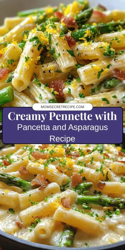 Indulge in a creamy pasta delight with this recipe for Pennette with Pancetta and Asparagus. This dish combines the rich flavors of crispy pancetta, tender asparagus, and creamy sauce for a perfect balance of comfort and sophistication. Ideal for both weeknight dinners and special occasions, each bite is a savory treat highlighting fresh ingredients. Try it today for a flavorful experience! #PastaRecipes #DinnerIdeas #Foodie #CookingAtHome #ItalianCuisine #ComfortFood