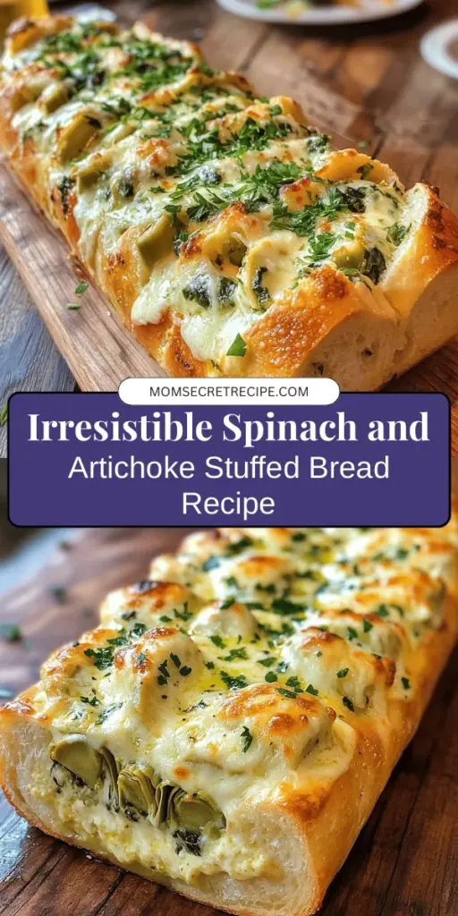 Indulge in the creamy goodness of Spinach and Artichoke Stuffed Bread, the perfect appetizer for any gathering. This delightful recipe combines fresh spinach, artichoke hearts, and a blend of cheeses, all encased in golden, crusty bread. Easy to prepare and customize, it’s great for parties or a cozy family dinner. Serve it warm and watch everyone dive in! Try it today! #SpinachArtichokeBread #AppetizerRecipe #ComfortFood #HomemadeDeliciousness #CookingAtHome