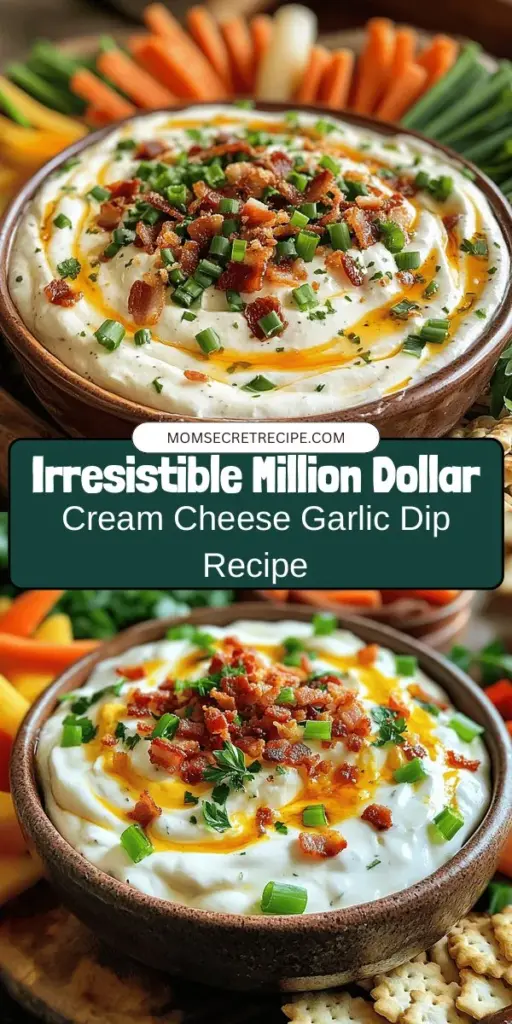 Looking for a showstopper appetizer? Try the Million Dollar Cream Cheese Garlic Dip! This creamy and flavorful dip combines cream cheese, cheddar, garlic, and fresh herbs, making it a crowd favorite at potlucks and parties. Perfect with crackers, veggies, or toasted bread, it’s sure to impress your guests and spark conversations. Easy to make and delightful to eat, elevate your next gathering with this must-have dip! #DipRecipe #Appetizer #PartyFood #CreamCheese #GarlicDip #GatheringEssentials