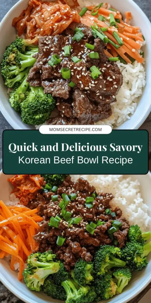 Discover the delicious Savory Korean Beef Bowl, a perfect blend of marinated ground beef, colorful fresh vegetables, and fluffy rice. This easy-to-make dish showcases the vibrant flavors of Korean cuisine, balanced with savory, sweet, and tangy notes. Ideal for weeknight dinners or impressing guests, it’s a healthy and satisfying meal. Customize it with your favorite toppings! Try it today for a delightful culinary experience! #KoreanFood #BeefBowl #DinnerIdeas #HealthyRecipes #FoodLovers #CookingTips