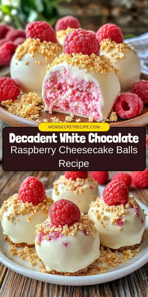 Indulge in the deliciousness of white chocolate raspberry cheesecake balls! These bite-sized treats combine rich cream cheese and fresh raspberries, coated in smooth melted white chocolate for a perfect balance of sweetness and tartness. Ideal for parties or a sweet craving, they are as fun to make as they are to eat. Impress your guests with this delightful dessert! #CheesecakeBalls #DessertRecipes #BakingJoy #SweetTreats #PartyFood