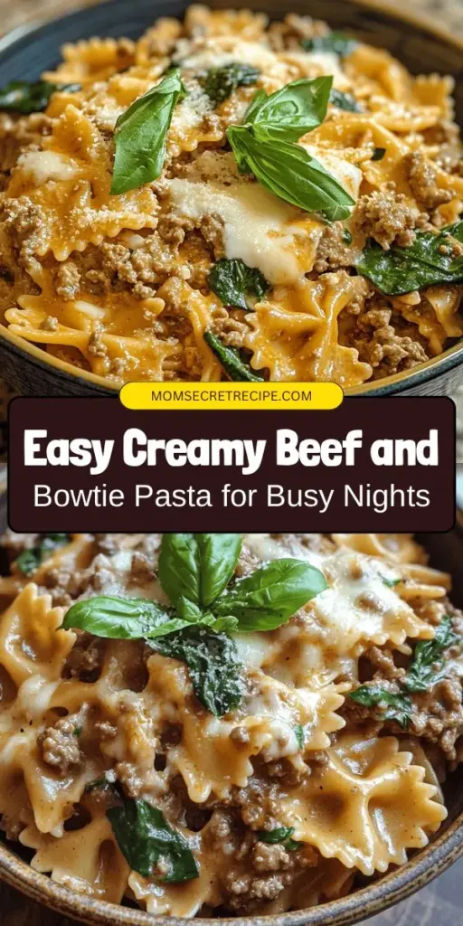 Discover the comforting delight of Creamy Beef and Bowtie Pasta, a perfect meal for busy weeknights or gatherings. This recipe showcases tender bowtie pasta in a rich, creamy sauce with savory ground beef and vibrant spinach. It's simple to prepare yet incredibly satisfying, making it a family favorite. Gather your ingredients and enjoy a comforting dish that brings everyone together at the table! #PastaRecipe #ComfortFood #QuickDinner #HomeCooking #DeliciousMeals