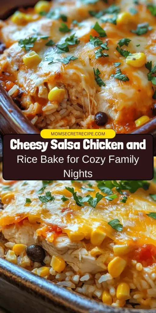 Looking for a cozy dinner that the whole family will love? Try this Cheesy Salsa Chicken and Rice Bake! This one-dish meal combines tender chicken, fluffy rice, zesty salsa, and gooey cheese for a warm, hearty experience. Perfect for busy weeknights, plus you can customize it to suit your tastes. Enjoy less cleanup and more time with loved ones over this comforting dish that’s sure to become a family favorite! #CheesySalsaChicken #ComfortFood #EasyRecipes #OneDishMeal #FamilyDinner #CookingAtHome #WeeknightDinner