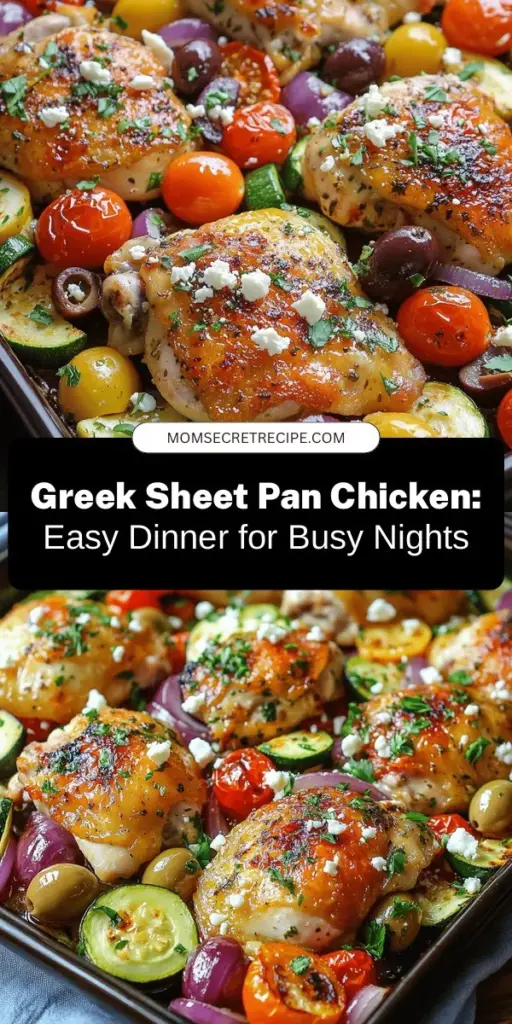 Looking for a quick and nutritious dinner idea? Try this Greek-Inspired Sheet Pan Chicken recipe that’s perfect for busy nights! Simply marinate chicken thighs with olive oil, garlic, and oregano, then roast alongside vibrant vegetables like zucchini, bell peppers, and cherry tomatoes. Finished with Kalamata olives and feta, this dish is full of flavor and easy cleanup! Make weeknight meals deliciously effortless. #SheetPanMeals #HealthyEating #GreekCuisine #QuickDinner #EasyRecipes