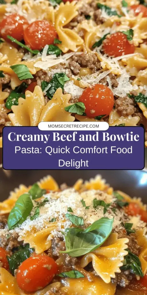 Discover the ultimate weeknight dinner with Creamy Beef and Bowtie Pasta! This comforting dish combines tender ground beef, fresh vegetables, and a rich creamy sauce enveloping bowtie pasta for a satisfying meal ready in just 30 minutes. Perfect for busy families or cozy gatherings, this recipe is both easy to prepare and delicious. Elevate your dinner game with this delectable recipe that your loved ones will rave about! #ComfortFood #PastaRecipe #DinnerIdeas #EasyMeals #FamilyDinner #Foodie