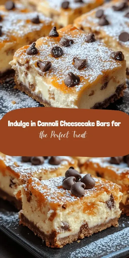 Indulge in the exquisite flavors of Cannoli Cheesecake Bars, where traditional Italian cannoli meets creamy cheesecake in a fun and shareable form. With a buttery graham cracker crust, rich ricotta and cream cheese filling, and optional toppings like mini chocolate chips, these bars are perfect for any occasion. Easy to make and sure to impress, these sweet treats are a must-try for dessert lovers! #CannoliCheesecakeBars #DessertRecipe #BakingJoy #ItalianDessert #YummyTreats