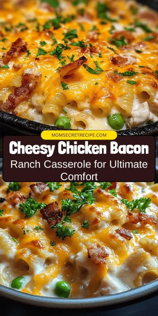 Discover the ultimate comfort food with Cheesy Chicken Bacon Ranch Casserole! This easy-to-prepare dish combines creamy textures, savory flavors, and hearty ingredients, making it perfect for family dinners or potlucks. With cooked chicken, crispy bacon, and a rich cheese blend, it’s a crowd-pleaser that caters to all tastes. Try it tonight and savor the deliciousness! #ComfortFood #Casserole #ChickenDinner #Bacon #EasyRecipes #FamilyMeals #CheesyDelight