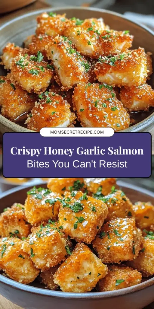 Looking for a mouthwatering dish that's healthy and easy to prepare? Try these Crispy Honey Garlic Salmon Bites! Coated in a crunchy crust and tossed in a delectable honey garlic sauce, these bites are perfect as an appetizer, main course, or party snack. Rich in omega-3 fatty acids, they provide numerous health benefits, all while delivering irresistible flavor. Impress your family and friends with this delightful recipe today! #SalmonBites #HoneyGarlic #HealthyEating #SeafoodRecipe #AppetizerIdeas #CrispySalmon #DinnerInspo