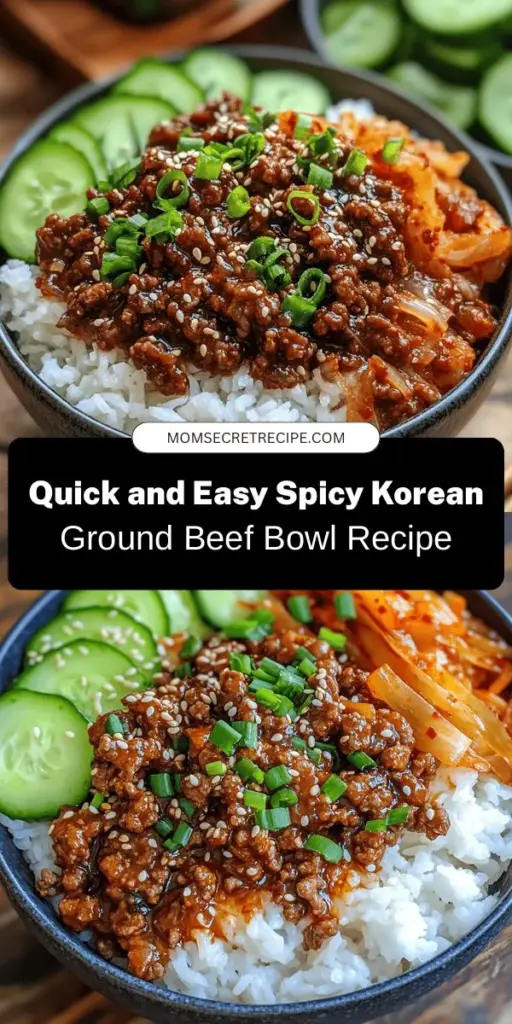 Discover the vibrant flavors of Korean cuisine with this Spicy Korean Ground Beef Bowl! In under 30 minutes, you can create a mouthwatering dish that combines savory ground beef, aromatic garlic, and a spicy sauce featuring gochujang. Perfect for busy weeknights, it’s customizable to fit your taste. Garnish with green onions and sesame seeds for an added crunch. Dive into this delicious experience today! #KoreanCuisine #EasyRecipes #GroundBeef #SpicyBowl #ComfortFood #DinnerIdeas #QuickMeals