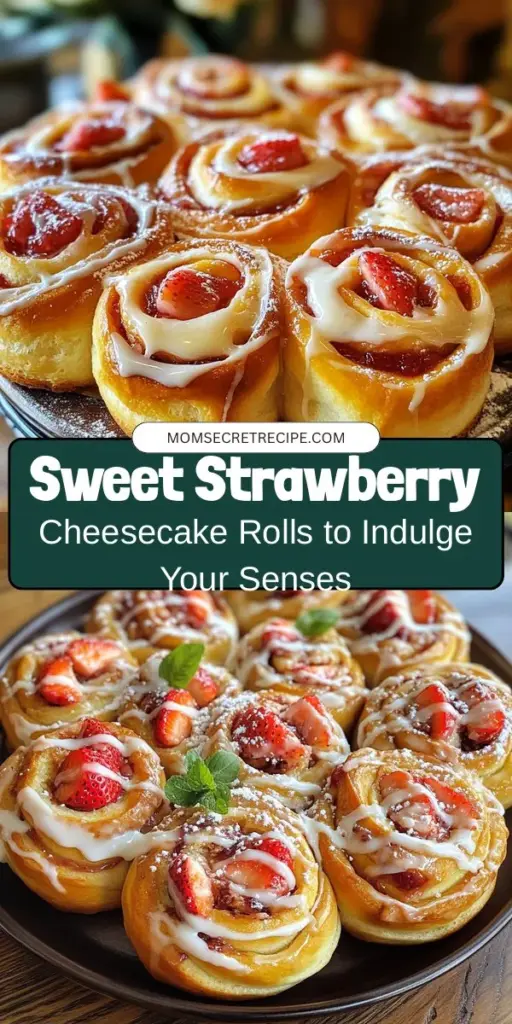 Indulge in the deliciousness of Strawberry Cheesecake Sweet Rolls! This mouthwatering dessert combines the creamy richness of cheesecake and the fluffy sweetness of cinnamon rolls, resulting in a heavenly treat. Easy to make from scratch, these rolls feature a luscious cream cheese filling swirled with fresh strawberries and topped with a sweet glaze. Perfect for any occasion, they’re sure to impress your guests! #StrawberryCheesecake #SweetRolls #BakingJoy #DessertRecipes #HomemadeTreats