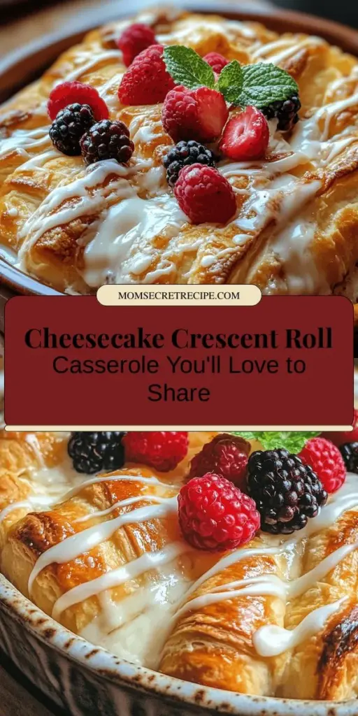 Indulge in the ultimate dessert with this Cheesecake Crescent Rolls Casserole! This easy-to-make dish layers flaky crescent rolls with a creamy cheesecake filling that's sure to impress at any gathering. With a hint of lemon zest and optional fresh berries on top, each bite is a delightful balance of flavors and textures. Perfect for brunches, dinners, or simply satisfying your sweet tooth! Try it today! #Dessert #Cheesecake #Casserole #Baking #SweetTreats #EasyRecipes #Foodie