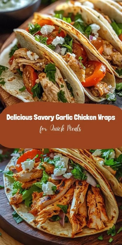 Discover the delicious Savory Garlic Chicken Wraps! Perfect for busy days, this nutritious meal combines tender chicken, aromatic garlic, and spices, all wrapped in your choice of tortilla. Customize with fresh parsley, feta, or your favorite dressing for an extra flavor kick. These wraps are not only easy to make but also versatile, making them ideal for lunch or dinner. Try them today for a satisfying meal! #SavoryWraps #HealthyEating #ChickenWraps #EasyRecipes #MealPrep