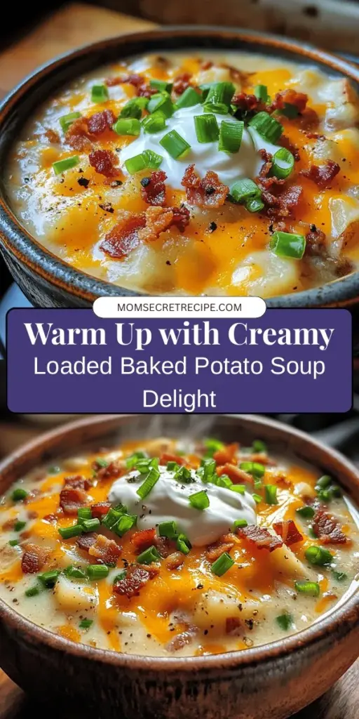 Warm up your chilly evenings with the ultimate comfort food: Creamy Loaded Baked Potato Soup. This rich and hearty recipe combines russet potatoes, sautéed onions, garlic, crispy bacon, and sharp cheddar cheese for a deliciously creamy dish that warms the heart. Perfect for cozy gatherings or a treat after a long day, you can customize it with various toppings and ingredients for your own twist. Discover the joy of homemade soup! #ComfortFood #SoupRecipe #LoadedBakedPotatoSoup #CozyMeals #FallRecipes