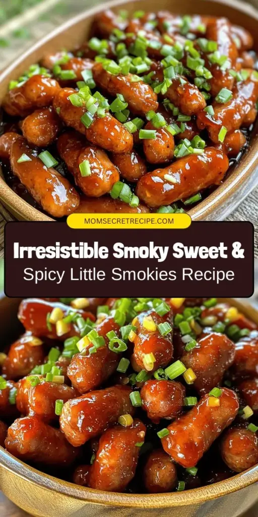 Elevate your party game with Smoky Sweet & Spicy Little Smokies! These bite-sized sausages are not just tasty but also incredibly easy to prepare. The delightful combination of smoky BBQ sauce, sweet grape jelly, and zesty spices makes them irresistible. Perfect for game day or any gathering, serve them on toothpicks for a fun finger food experience. Impress your guests with this crowd-pleaser! #LittleSmokies #AppetizerIdeas #GameDayEats #PartyFood #EasyRecipes