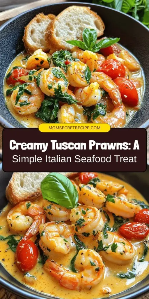 Indulge in the flavors of Italy with this creamy Tuscan prawns recipe! This delightful dish blends fresh prawns in a luscious cream sauce with garlic, spinach, and cherry tomatoes, creating a perfect meal for any occasion. Easy to prepare yet elegant, it's sure to impress your guests. Pair it with pasta or crusty bread for a complete dining experience. Try this delicious recipe and bring a taste of Tuscany to your table! #CreamyTuscanPrawns #ItalianCuisine #SeafoodRecipes #DinnerIdeas #FoodieFavorites