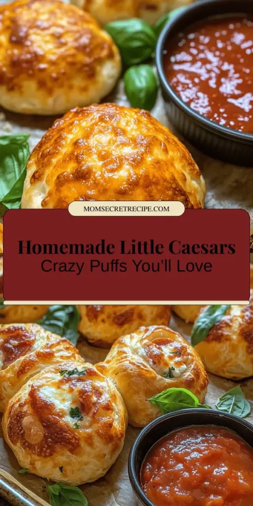 Craving a cheesy snack? Try making homemade Little Caesars Crazy Puffs! These golden bites are filled with gooey mozzarella, savory pepperoni, and aromatic spices, perfect for any occasion. With an easy recipe, you can recreate the fast-food favorite in your own kitchen. Bake them for gatherings, movie nights, or just for a delicious treat! Discover the joy of cooking and impress your friends and family with this delightful snack. #CrazyPuffs #HomemadeSnacks #CheesyTreats #CookingFun #SnackIdeas #PizzaLover