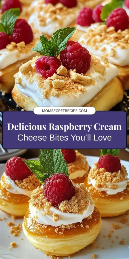 Looking for a delightful treat that’s perfect for any occasion? Try these Raspberry Cream Cheese Bites! These bite-sized desserts offer a perfect blend of sweet and tangy flavors, making them visually appealing and delicious. Simple to prepare and ideal for gatherings, these mouthwatering bites are sure to impress your guests. Elevate your dessert game with this easy recipe! #RaspberryCreamCheeseBites #Dessert #Baking #SweetTreats #Foodie #HomeBaking