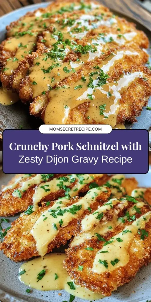 Indulge in the comfort of Crunchy Pork Schnitzel with Zesty Dijon Gravy, a dish that combines crispy breaded pork chops with a rich, tangy sauce. This recipe is versatile and offers a delightful twist on a classic comfort food. Perfect for any dinner table, it's easy to make and packed with flavor. Serve it with sides like potato salad or spaetzle for an authentic touch! #PorkSchnitzel #ComfortFood #DinnerIdeas #EasyRecipes #Foodie