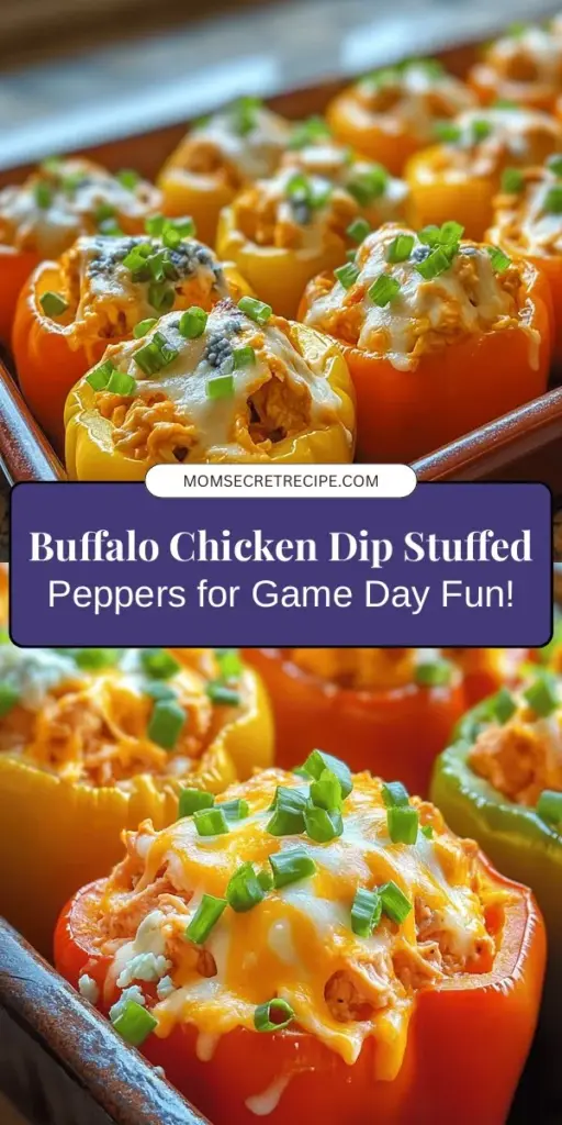 Discover a flavorful twist on a game-day classic with Buffalo Chicken Dip Stuffed Sweet Bell Peppers! This irresistible appetizer combines spicy buffalo chicken dip with crunchy, sweet bell peppers, offering a delicious and health-conscious snack perfect for any gathering. Packed with protein and vibrant flavors, these colorful peppers satisfy your cravings without the guilt. Elevate your snack game and impress your guests! #BuffaloChickenDip #StuffedPeppers #HealthyAppetizer #GameDaySnacks #YummyEats #CookingInspiration #PartyFood