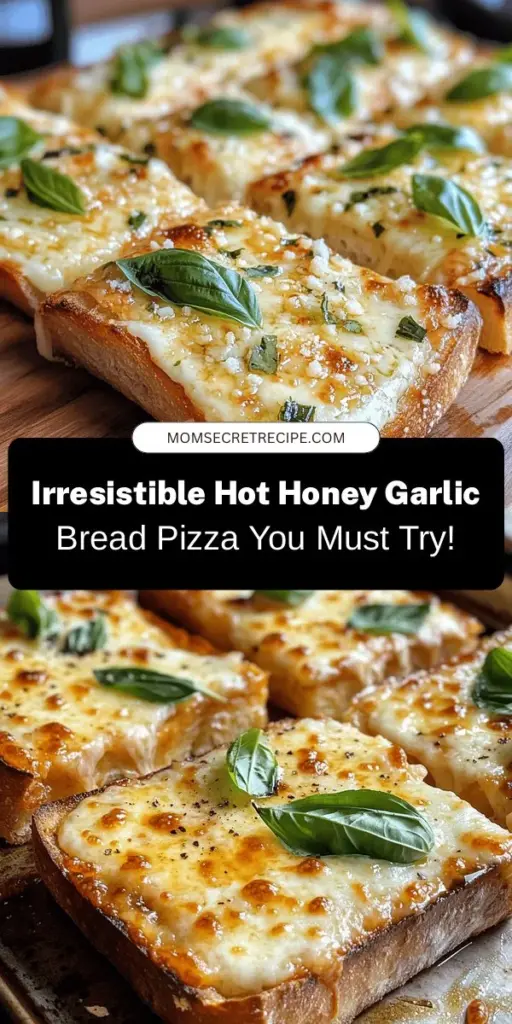 Discover the deliciousness of Hot Honey Garlic Bread Pizza, a unique twist on a classic favorite! This recipe features a crunchy Italian bread base, rich garlic butter, gooey mozzarella, and a drizzle of sweet and spicy hot honey. Perfect for any gathering or cozy night in, this dish will impress your guests and satisfy your cravings. Try it today for a flavorful experience! #HotHoneyPizza #GarlicBreadPizza #PizzaLovers #RecipeIdeas #Foodie #Yum