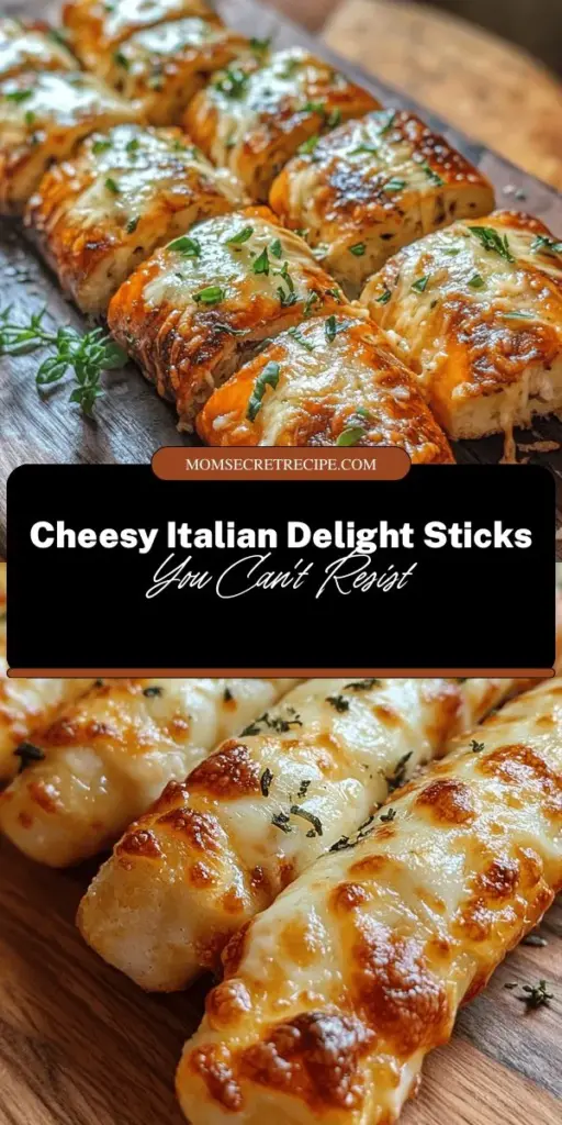 Indulge in the mouthwatering flavors of Italy with our Cheesy Italian Delight Sticks! This easy recipe features gooey mozzarella, rich Parmesan, and aromatic herbs, perfect for appetizers or snacks. With a crispy exterior and soft, cheesy interior, these breadsticks deliver comfort and satisfaction in every bite. Host a gathering or enjoy a cozy night in—these cheesy delights will impress everyone! #ItalianFood #CheesyGoodness #SnackIdeas #Appetizers #HomemadeBreads #Foodie