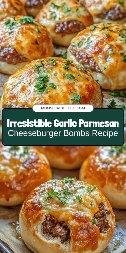 Get ready to wow your family and friends with these irresistible Garlic Parmesan Cheeseburger Bombs! This easy-to-follow recipe melds the classic flavors of cheeseburgers with fragrant garlic and savory Parmesan, all wrapped in golden, flaky biscuit dough. Perfect for game day, casual dinners, or fun get-togethers, these delightful treats will have everyone craving more. Try them today for a tasty twist on comfort food! #CheeseburgerBombs #GarlicParmesan #PartyFood #SnackIdeas #ComfortFood