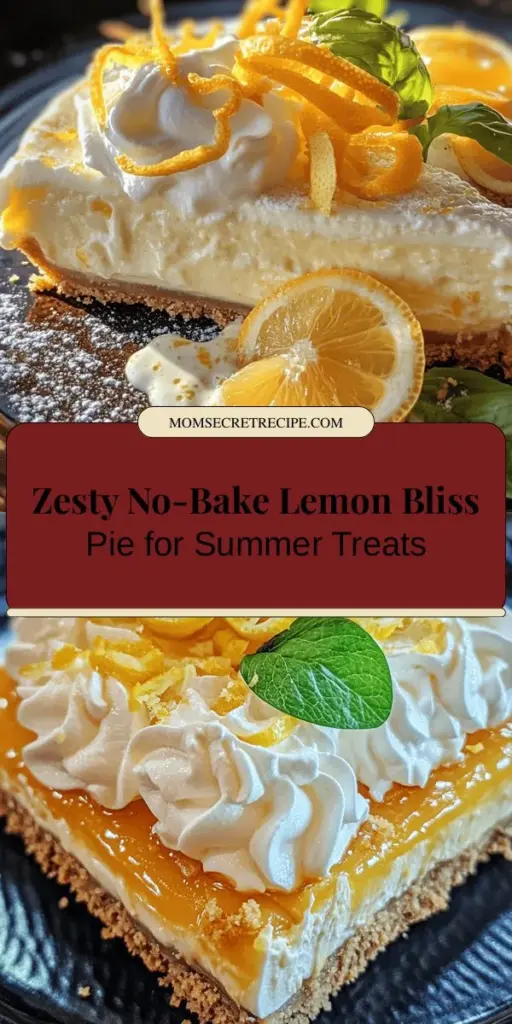 Beat the summer heat with a refreshing Zesty No-Bake Lemon Bliss Pie! This easy dessert features a creamy lemon filling on a buttery graham cracker crust, perfect for any summer gathering or a sweet treat after a long day. No baking required, just mix, chill, and enjoy! With its vibrant flavors and simple preparation, it's bound to become a favorite. Treat yourself and your guests to this delightful dessert! #NoBake #LemonPie #SummerDessert #DessertRecipe #BakingJoy