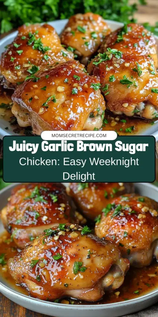 Discover the perfect balance of sweet and savory with this irresistibly juicy baked garlic brown sugar chicken! This easy-to-make recipe combines tender chicken thighs marinated in a flavorful blend of garlic, brown sugar, soy sauce, and spices. Ideal for family dinners or gatherings, this dish is sure to impress. Learn how to achieve that perfect glaze and serve with your favorite sides for a delicious meal everyone will love! #ChickenRecipe #ComfortFood #BakedChicken #GarlicLovers #DinnerIdeas