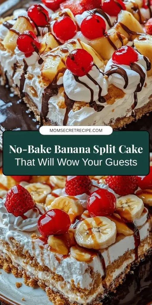 Indulge in the nostalgia of a classic dessert with this No-Bake Banana Split Cake Delight! Perfect for summer, this layered treat combines graham cracker crust, creamy layers, fresh fruits, and a drizzle of chocolate syrup, all without turning on the oven. Ideal for potlucks or family gatherings, this easy recipe will impress everyone! Dive into its refreshing flavors that taste as great as they look. #BananaSplit #NoBakeDessert #DessertRecipes #SummerTreats #ChocolateLovers