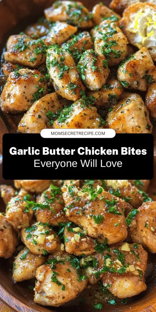 Looking for a quick and impressive meal? Try Garlic Butter Chicken Bites! This delightful dish features tender chicken cooked in a rich garlic butter sauce, enhanced with lemon and herbs. Perfect as an appetizer or main course, these bites are easy to prepare and sure to wow your guests. Enjoy them with crusty bread or a fresh salad for a complete meal. Elevate your dinner with this flavorful recipe! #GarlicButterChicken #EasyRecipes #DinnerIdeas #CookingAtHome #Foodie