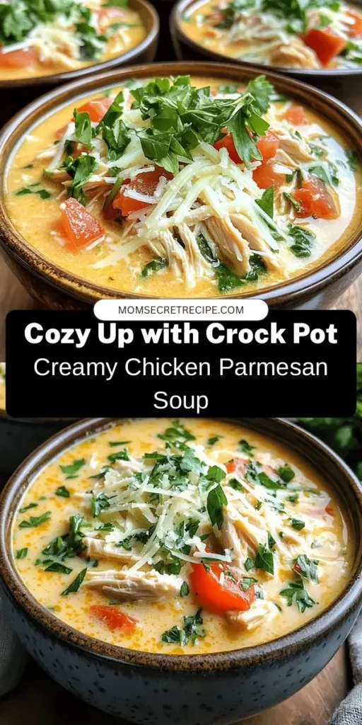 Warm up your evenings with this delicious Crock Pot Creamy Chicken Parmesan Soup, the ultimate comfort food perfect for chilly nights! With tender chicken, rich cream, and flavorful herbs, this easy-to-make recipe brings families together around the dinner table. Simply toss your ingredients in the slow cooker and let the flavors meld. It’s a hearty dish that’s sure to impress! Try it out for your next cozy dinner! #CrockPotRecipes #ChickenSoup #ComfortFood #EasyDinner #HealthyEating