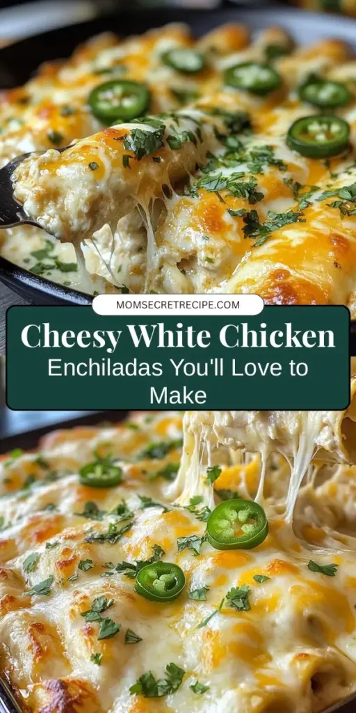 Indulge in the comforting delight of cheesy white chicken enchiladas! This easy recipe features tender shredded chicken, creamy sauce, and gooey cheese for a satisfying meal any day of the week. Using rotisserie chicken saves time while maintaining delicious flavor. Perfect for family dinners or gatherings, these enchiladas offer a delicious twist to traditional recipes. Try adding jalapeños or avocado for extra flavor! #CheesyEnchiladas #ComfortFood #EasyRecipes #Foodie #DinnerIdeas