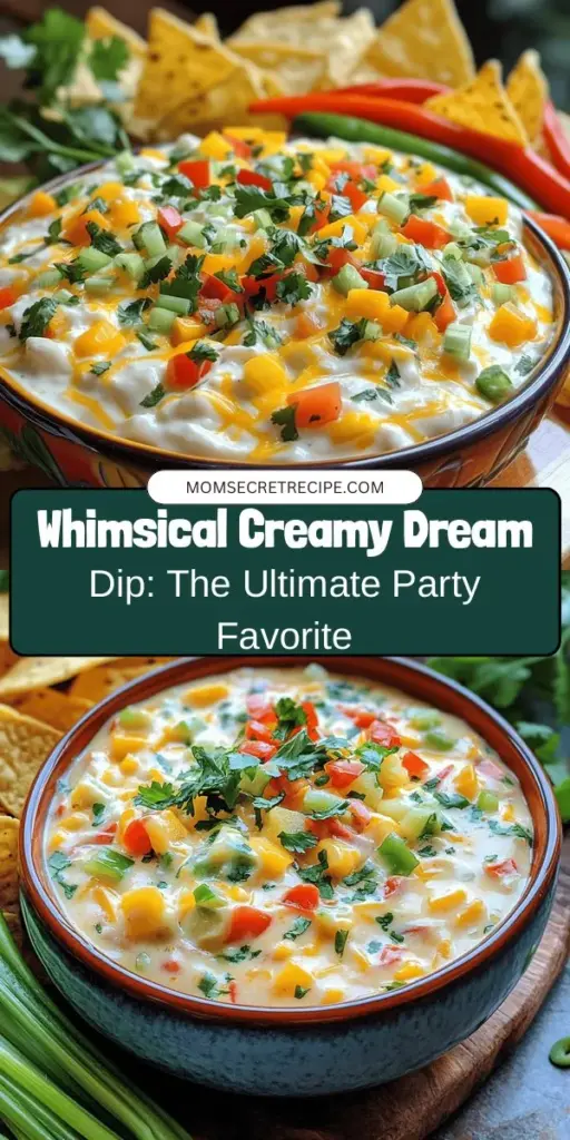 Elevate your next gathering with the Whimsical Creamy Dream Dip! This delightful, easy-to-make creamy dip is a crowd-pleaser, perfect for parties or cozy nights in. With a blend of cream cheese, sour cream, cheddar, and colorful veggies, it offers delicious flavors and endless dipping options. Serve it with chips, veggies, or crackers for a fantastic snack. Get ready for tasty fun and great memories! #CreamyDip #PartyFood #DippableDelights #Entertaining #SnackTime #FoodieFun