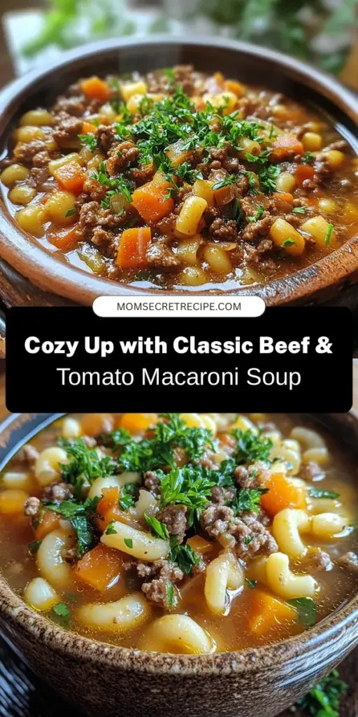 Warm up with this Classic Beef & Tomato Macaroni Soup, the perfect comfort dish for any season! Packed with ground beef, elbow macaroni, and fresh veggies, this hearty recipe is full of rich flavors and nutritional benefits. Ideal for family dinners or casual get-togethers, and easy to customize. Enjoy this delicious bowl of goodness and gather around the table with loved ones! #BeefSoup #ComfortFood #MacaroniSoup #Recipe #HomeCooking #WinterWarmth #HealthyEating