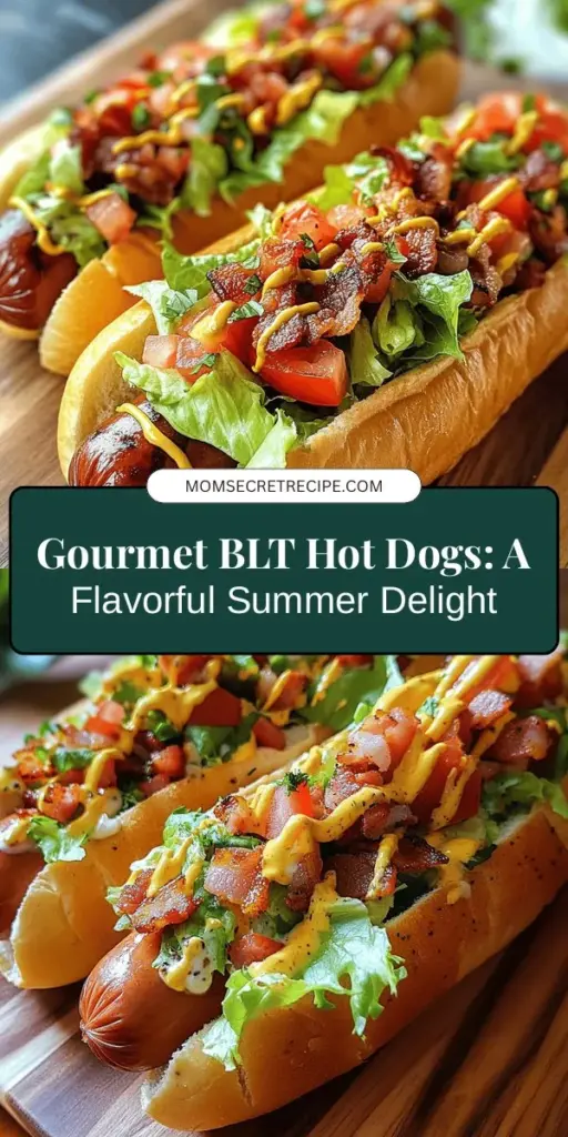 Elevate your cookouts with Gourmet BLT Hot Dogs! This delicious twist on the classic combines juicy beef hot dogs, thick-cut bacon, fresh romaine, and ripe tomatoes, all in a gourmet bun topped with a creamy dressing. Perfect for summer BBQs, picnics, or casual dinners, these hot dogs impress everyone with their indulgent flavors and textures. Try them out for a crowd-pleasing meal! #GourmetHotDogs #BBQRecipes #SummerEats #Foodie #HomeCooking