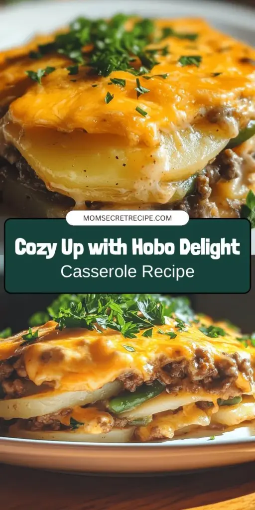 Discover the warmth of Hobo Delight Casserole, a comforting all-in-one meal perfect for family dinners and gatherings. This hearty dish features ground beef, potatoes, green beans, and creamy mushroom soup, topped with gooey cheddar cheese. It's not only delicious but also a nod to the comfort food tradition. Perfect for sharing with loved ones! #HoboDelight #ComfortFood #CasseroleRecipe #FamilyMeals #HeartyDinner #EasyCooking #HomeCooking #RecipeIdeas