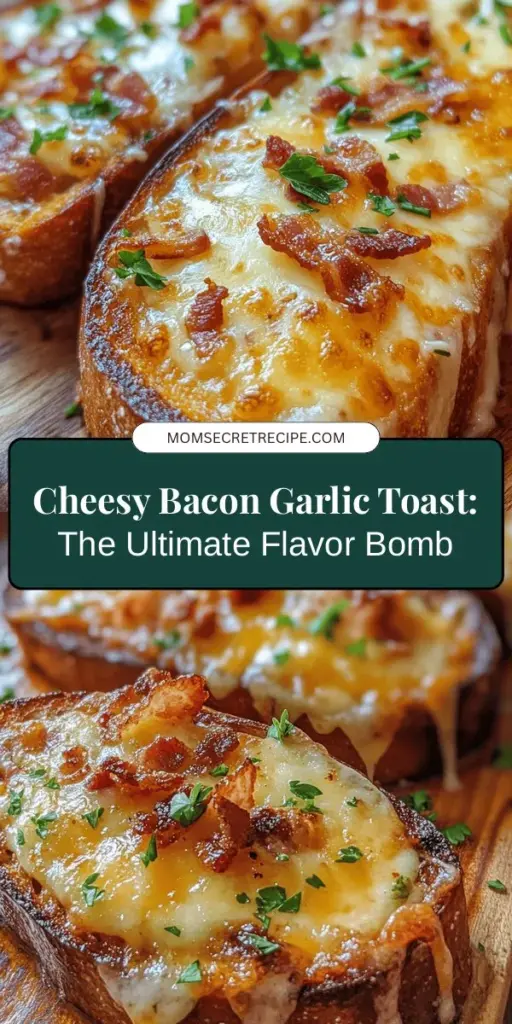 Discover the mouthwatering world of Cheesy Bacon Garlic Toast, the ultimate savory delight! This easy-to-make dish blends gooey mozzarella, sharp cheddar, crispy bacon, and fragrant garlic on thick-cut sourdough, ensuring every bite is packed with flavor. Perfect as an appetizer, snack, or side, it's sure to impress friends and family. Get ready to elevate your gatherings with this irresistible treat! #CheesyBaconGarlicToast #Appetizers #Foodie #Yummy #ComfortFood #Recipes #Sourdough #BaconDelight #SnackIdeas