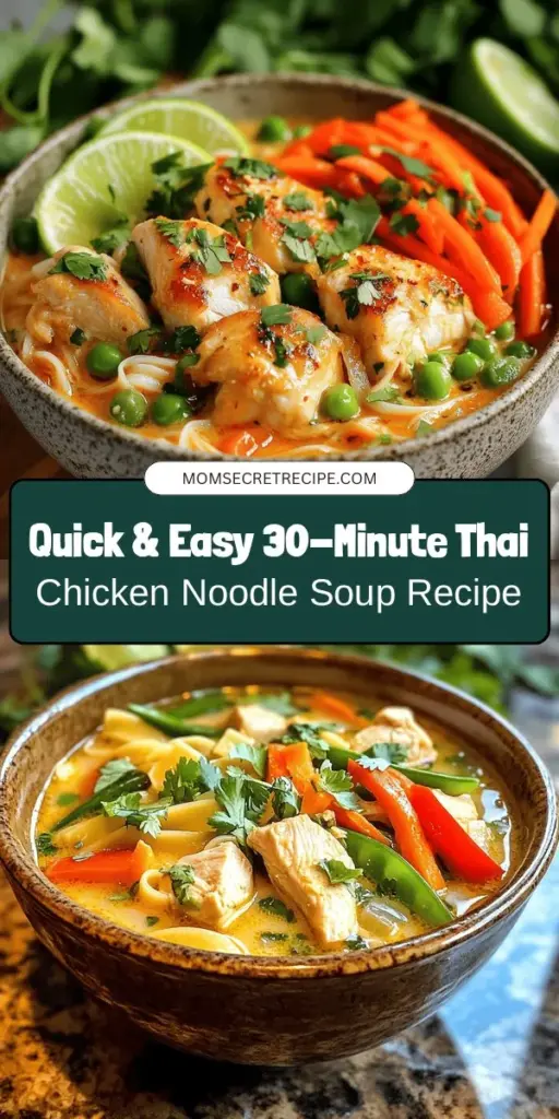 Looking for a quick and satisfying dinner? Try this 30-Minute Thai Chicken Noodle Soup! Bursting with the vibrant flavors of coconut milk, tender chicken, and fresh veggies, this dish blends sweet, salty, sour, and spicy notes for an authentic Thai experience. Perfect for weeknight meals or impressing guests, it’s easy to make in just half an hour. Gather your ingredients and enjoy a delicious bowl of comfort tonight! #ThaiChickenSoup #NoodleSoup #EasyRecipes #QuickMeals #CookingAtHome #ComfortFood #ThaiCuisine