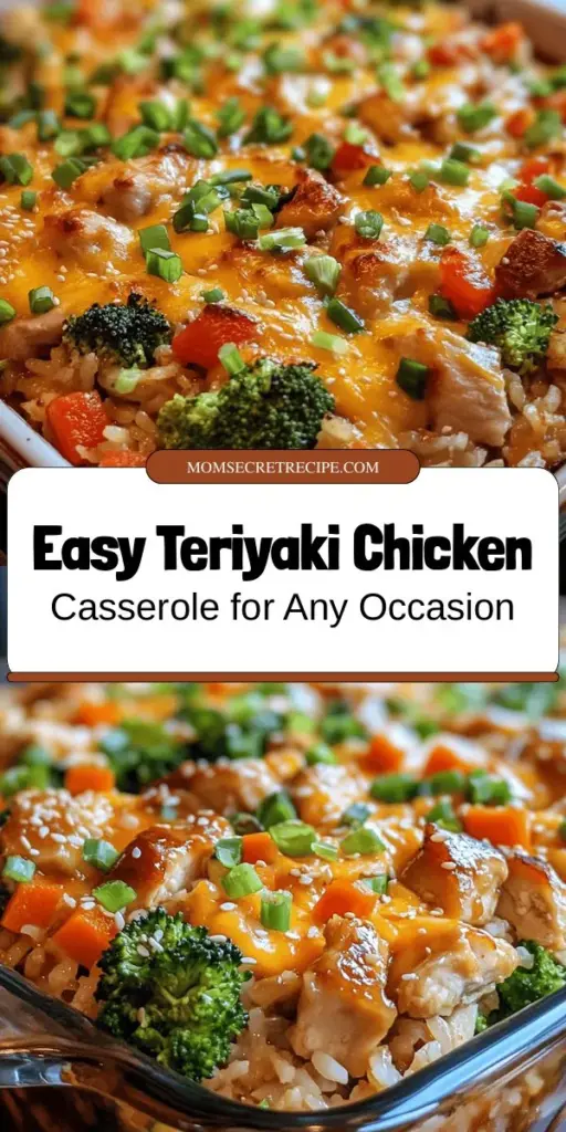 Discover the deliciousness of Teriyaki Chicken Casserole, the perfect one-dish meal for any occasion! This easy recipe combines tender chicken, fragrant jasmine rice, a medley of colorful vegetables, and rich teriyaki sauce for a comforting treat the whole family will love. Not only is it simple to prepare, but it’s also customizable to fit your taste. Enjoy a satisfying meal that warms the heart! #TeriyakiChicken #CasseroleRecipes #EasyMeals #ComfortFood #FamilyDinner #CookingAtHome