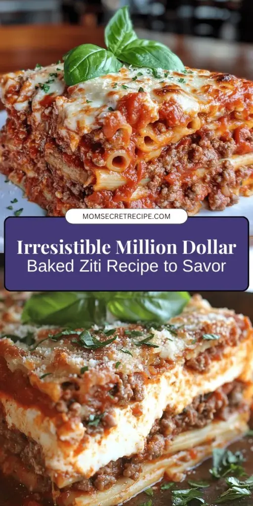 Discover the irresistible comfort of Million Dollar Baked Ziti! This classic dish features layers of creamy ricotta, savory ground meat, and gooey mozzarella, making it perfect for family gatherings or cozy dinners. Inspired by Italian-American traditions, this recipe elevates baked ziti to new heights with rich flavors and delightful textures. Impress your guests and enjoy seconds with this crowd-pleasing meal. Perfect for any occasion! #BakedZiti #ComfortFood #ItalianCuisine #PastaRecipe #FamilyDinner